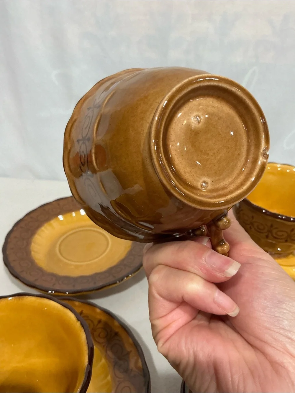 Amber Brown Ceramic Teacup and Saucer Set - 5pc